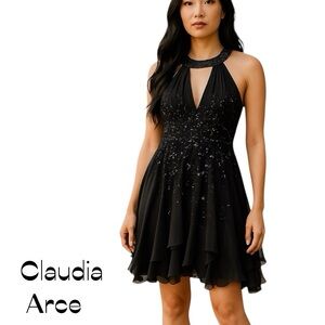 Claudia Arce Black Sheer Beaded Designer Dress NWOT Size M